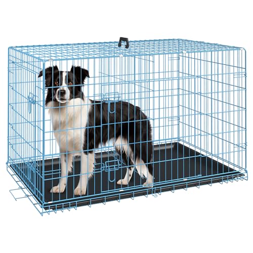 0195030090647 - FDW DOG CRATE DOG CAGE PET CRATE FOR LARGE DOGS 36 INCH FOLDING METAL PET CAGE DOUBLE DOOR W/DIVIDER PANEL INDOOR OUTDOOR DOG KENNEL LEAK-PROOF PLASTIC TRAY WIRE ANIMAL CAGE,BLUE