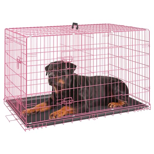 0195030090678 - FDW DOG CRATE DOG CAGE PET CRATE FOR LARGE DOGS 42 INCH FOLDING METAL PET CAGE DOUBLE DOOR W/DIVIDER PANEL INDOOR OUTDOOR DOG KENNEL LEAK-PROOF PLASTIC TRAY WIRE ANIMAL CAGE,PINK
