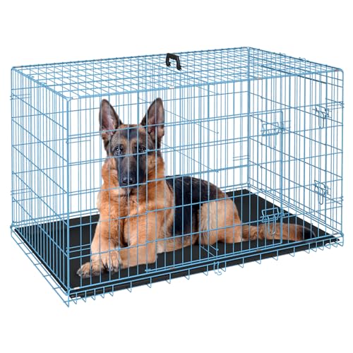 0195030090685 - FDW DOG CRATE DOG CAGE PET CRATE FOR LARGE DOGS 48 INCH FOLDING METAL PET CAGE DOUBLE DOOR W/DIVIDER PANEL INDOOR OUTDOOR DOG KENNEL LEAK-PROOF PLASTIC TRAY WIRE ANIMAL CAGE,BLUE