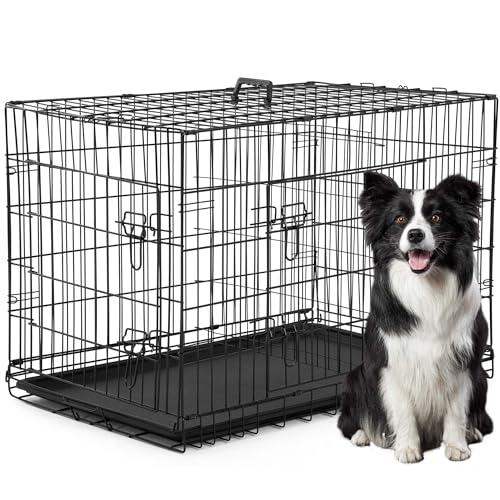 0195030106645 - FDW DOG CRATE DOG CAGE PET CRATE FOR LARGE DOGS 42 INCH FOLDING METAL PET CAGE DOUBLE DOOR W/DIVIDER PANEL INDOOR OUTDOOR DOG KENNEL LEAK-PROOF PLASTIC TRAY WIRE ANIMAL CAGE,DARK BLACK