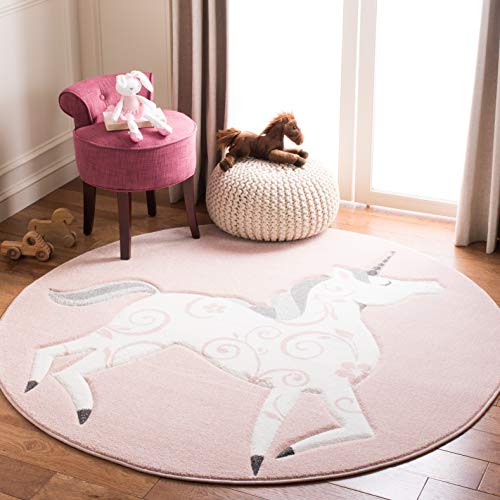 0195058189200 - SAFAVIEH CAROUSEL KIDS COLLECTION CRK163P UNICORN NON-SHEDDING STAIN RESISTANT NURSERY PLAYROOM AREA RUG 3 X 3 ROUND PINK/IVORY