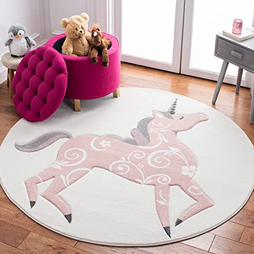 0195058217309 - SAFAVIEH CAROUSEL KIDS COLLECTION CRK163A UNICORN NON-SHEDDING PLAYROOM NURSERY BEDROOM AREA RUG 3 X 3 ROUND IVORY/PINK