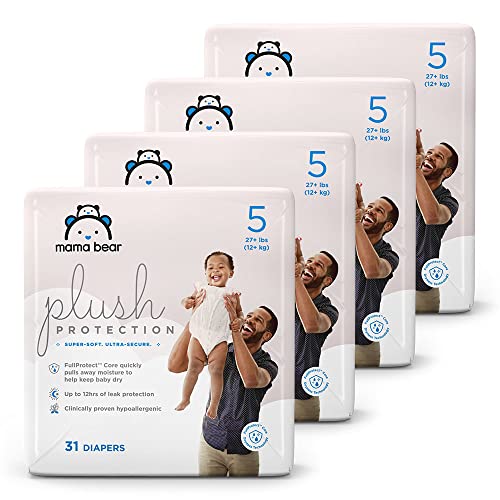 0195515001984 - AMAZON BRAND - MAMA BEAR PLUSH PROTECTION SIZE 5 DIAPERS, ULTRA-SOFT, HYPOALLERGENIC, DERMATOLOGIST TESTED, FOR BABIES WEIGHING 27 POUNDS AND UP, ASSORTED PRINT, 124 COUNT (4 PACKS OF 31)