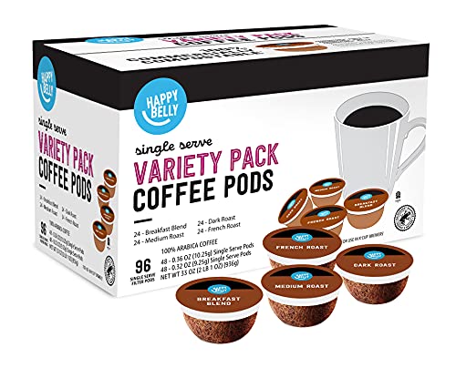 0195515003285 - AMAZON BRAND - 96 CT. HAPPY BELLY VARIETY PACK COFFEE PODS, COMPATIBLE WITH K-CUP BREWER (BLEAKFAST BLEND, DARK ROAST, MEDIUM ROAST, FRENCH ROAST)
