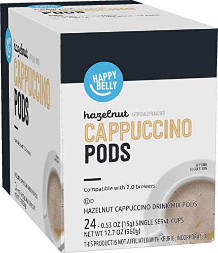 0195515014120 - AMAZON BRAND - HAPPY BELLY CAPPUCCINO COFFEE PODS COMPATIBLE WITH 2.0 K-CUP BREWERS, HAZELNUT FLAVORED , 24 COUNT