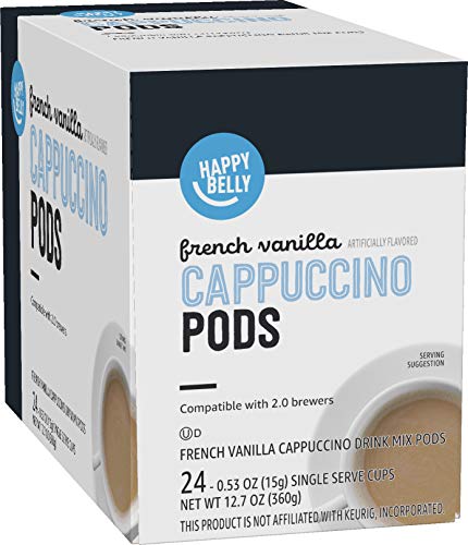 0195515014151 - AMAZON BRAND - HAPPY BELLY CAPPUCCINO COFFEE PODS COMPATIBLE WITH 2.0 K-CUP BREWERS, FRENCH VANILLA FLAVORED, 24 COUNT