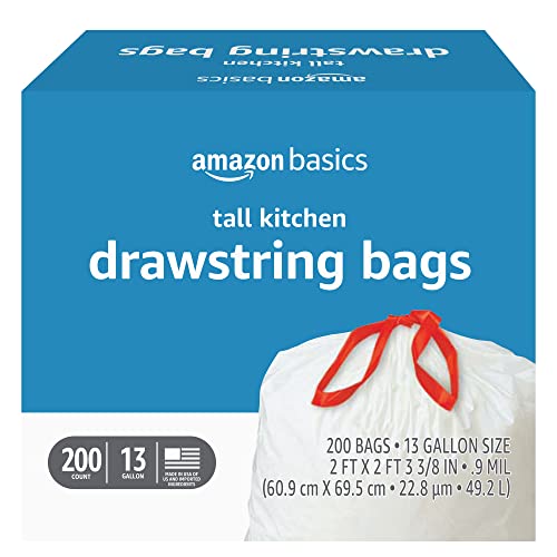 0195515020015 - AMAZON BASICS TALL KITCHEN DRAWSTRING TRASH BAGS, 13 GALLON, 200 COUNT