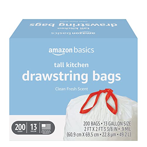 0195515020022 - AMAZON BASICS TALL KITCHEN DRAWSTRING TRASH BAGS, CLEAN FRESH SCENT, 13 GALLON, 200 COUNT (PREVIOUSLY SOLIMO)