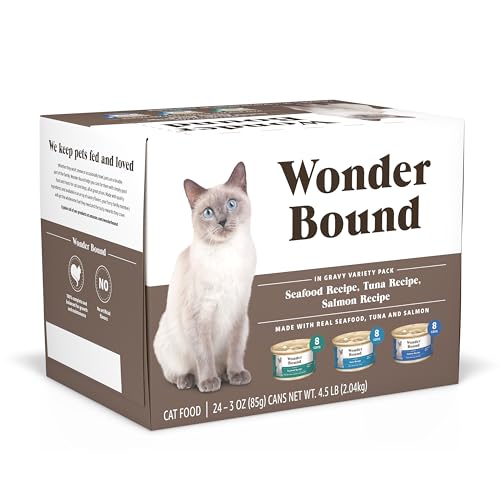0195515040815 - AMAZON BRAND - WONDER BOUND WET CAT FOOD, GRAVY, NO ADDED GRAIN, VARIETY PACK (SEAFOOD, TUNA, SALMON), 3 OUNCE (PACK OF 24)