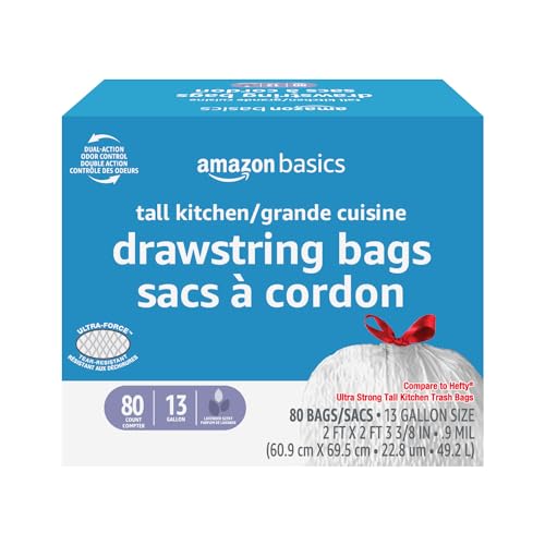 0195515045377 - AMAZON BASICS FORCE FLEX TALL KITCHEN DRAWSTRING TRASH BAGS, LAVENDER SCENTED, 13 GALLON, 80 COUNT, PACK OF 1