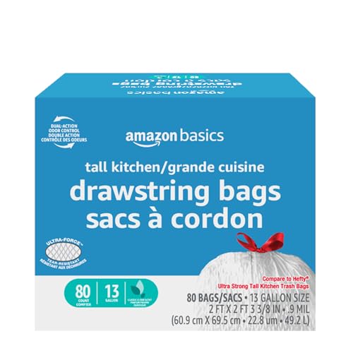 0195515045384 - AMAZON BASICS FORCE FLEX TALL KITCHEN DRAWSTRING TRASH BAGS, CLASSIC CLEAN SCENTED, 13 GALLON, 80 COUNT, PACK OF 1