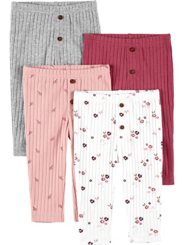 0195861436447 - SIMPLE JOYS BY CARTERS BABY GIRLS 4-PACK TEXTURED PANTS, FLOWERS/GREY/PLUM, 12 MONTHS