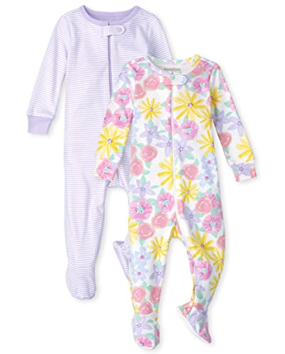 0195935295338 - THE CHILDRENS PLACE BABY AND TODDLER GIRLS SNUG FIT COTTON ZIP-FRONT ONE PIECE FOOTED PAJAMA, BUTTER FLORAL-2 PACK, 0-3 MONTHS