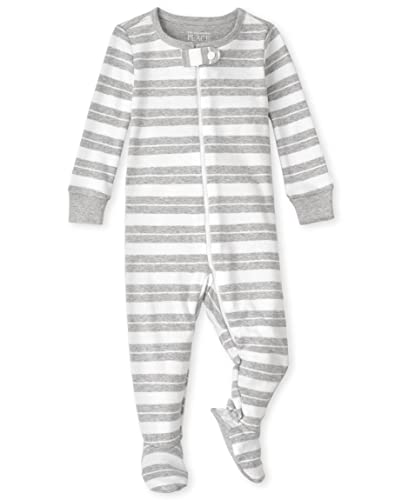 0195935310819 - THE CHILDRENS PLACE UNISEX BABY AND TODDLER SNUG FIT COTTON ZIP-FRONT ONE PIECE FOOTED PAJAMA, H/T MIST STRIPE, 9-12 MONTHS