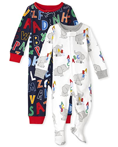 0195935311809 - THE CHILDRENS PLACE UNISEX BABY AND TODDLER SNUG FIT COTTON ZIP-FRONT ONE PIECE FOOTED PAJAMA, ALPHABET/ELEPHANT-2 PACK, 12-18 MONTHS