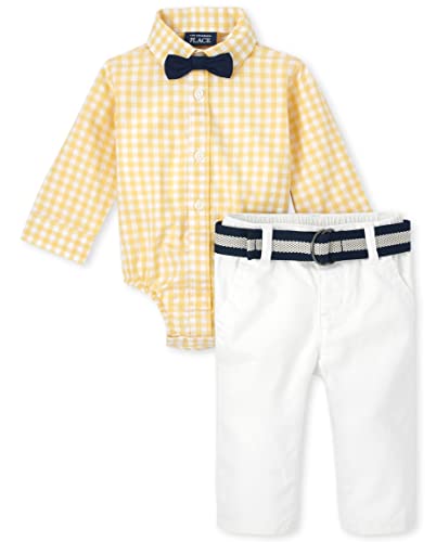 0195935381796 - THE CHILDRENS PLACE BABY BOYS LONG SLEEVE BUTTON DOWN BODYSUIT AND CHINO SET, YELLOW PLAID SHIRT/WHITE PANT, 3-6 MONTHS