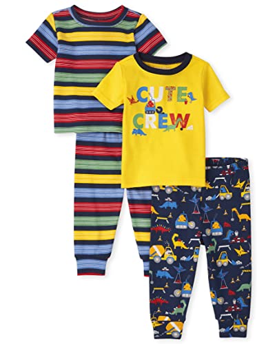 0195935518734 - THE CHILDRENS PLACE 2 PACK BABY TODDLER BOYS SHORT SLEEVE TOP AND PANTS SNUG FIT 100% COTTON 2 PIECE PAJAMA SETS, CUTE CREW/STRIPE, 6-9 MONTHS