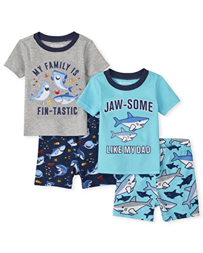 0195935524377 - THE CHILDRENS PLACE 2 PACK BABY TODDLER BOYS SLEEVE TOP AND SHORTS SNUG FIT 100% COTTON 2 PIECE PAJAMA SETS, JAW-SOME/FIN-TASTIC, 0-3 MONTHS