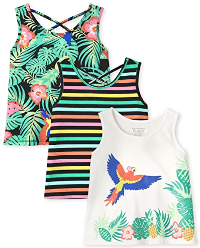 0195935543705 - THE CHILDRENS PLACE BABY AND TODDLER GIRLS SLEEVELESS FASHION TANK TOP, TROPICAL/TROPICAL SCENE/STRIPES-3 PACK, 4T
