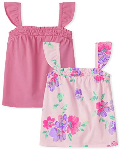 0195935597005 - THE CHILDRENS PLACE BABY AND TODDLER GIRLS SLEEVELESS RUFFLE TANK TOP, FLORAL/ROSE MIST-2 PACK, 3T