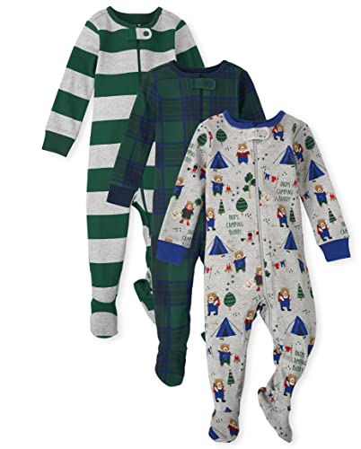 0195935776653 - THE CHILDRENS PLACE BABY 3 PACK AND TODDLER BOYS SNUG FIT 100% COTTON ZIP-FRONT ONE PIECE FOOTED PAJAMA, BEAR/PLAID/STRIPE, 2T