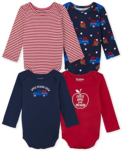 0195935814072 - THE CHILDRENS PLACE BABY 4 PACK LONG SLEEVE 100% COTTON BODYSUITS, APPLE PICKING CREW/STRIPES/APPLE TRUCKS/RED APPLE, 6-9 MONTHS
