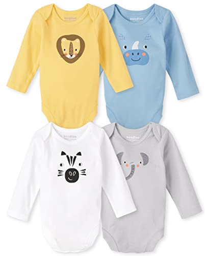 0195935814256 - THE CHILDRENS PLACE BABY 4 PACK LONG SLEEVE 100% COTTON BODYSUITS, LION/HIPPO/ELEPHANT/ZEBRA, 3-6 MONTHS