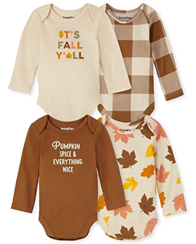 0195935814331 - THE CHILDRENS PLACE BABY 4 PACK LONG SLEEVE 100% COTTON BODYSUITS, ITS FALL YALL/GINGERBREAD PLAID/LEAVES/PUMPKIN SPICE, 3-6 MONTHS