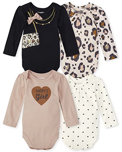 0195935814553 - THE CHILDRENS PLACE BABY 4 PACK LONG SLEEVE 100% COTTON BODYSUITS, PURSE/LEOPARD/MINI HEARTS/DADDYS GIRL, 0-3 MONTHS