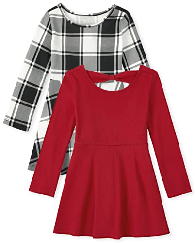 0195935820714 - THE CHILDRENS PLACE BABY 2 PACK AND TODDLER GIRLS LONG SLEEVE FASHION SKATER DRESSES, BLACK&WHITE PLAID/RED, 5T