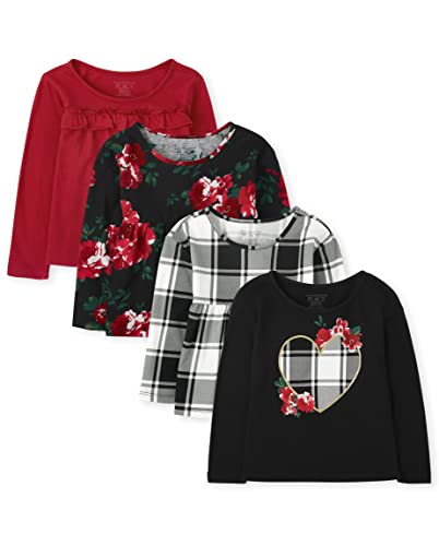 0195935820752 - THE CHILDRENS PLACE BABY 4 PACK AND TODDLER GIRLS LONG SLEEVE FASHION SHIRT, PLAID HEART/PLAID/VINTAGE BOUQUETS/MAROON, 4T
