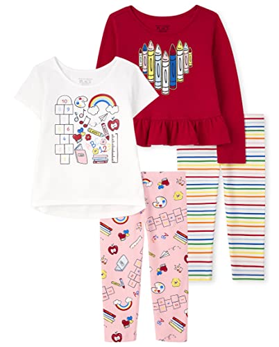 0195935825887 - THE CHILDRENS PLACE BABY 2 PACK AND TODDLER GIRLS LONG SLEEVE SHIRT AND LEGGINGS SET, WHITE PRIMARY SCHOOL/MAROON HEART, 4T
