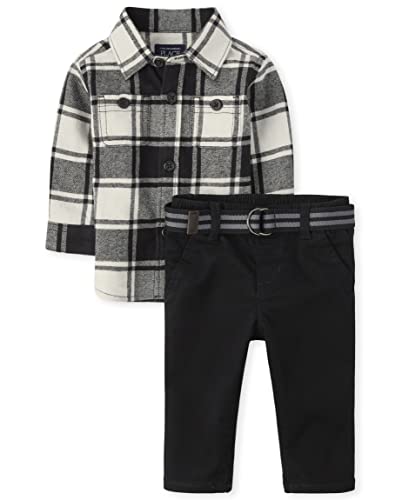 0195935846219 - THE CHILDRENS PLACE BABY TODDLER BOYS LONG SLEEVE BUTTON DOWN SHIRT AND CHINO PANTS SET, BLACK PLAID, 3-6 MONTHS
