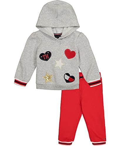 0195958066731 - TOMMY HILFIGER BABY GIRLS 2 PIECES HOODED JOG SET, GREY HEATHER/CHINESE RED, 18M