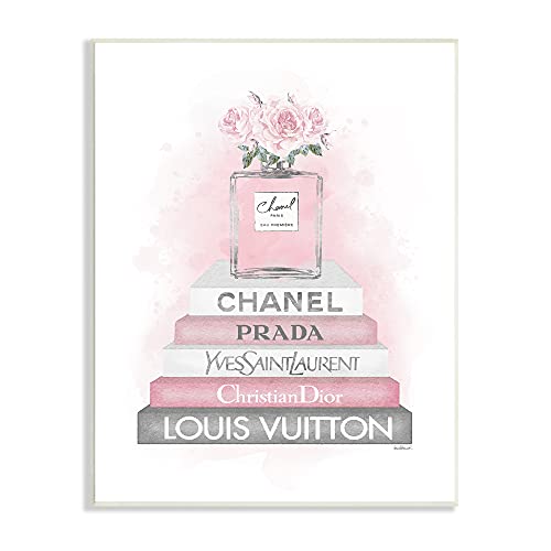 0196216043761 - STUPELL INDUSTRIES PINK ROSES PERFUME BOTTLE GLAM FASHION BOOKSTACK, DESIGNED BY AMANDA GREENWOOD WALL PLAQUE, 10 X 15