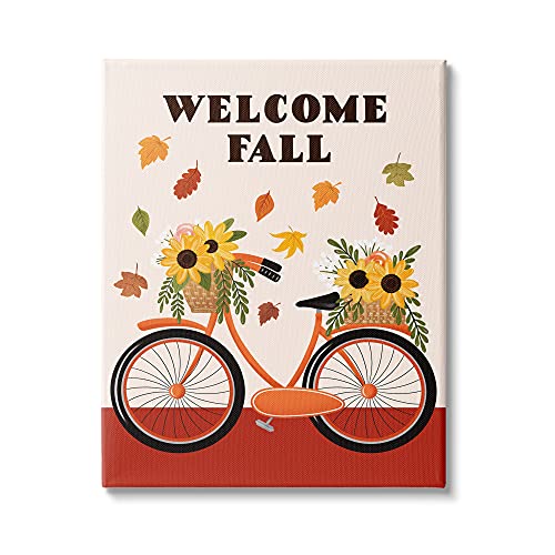 0196216191592 - STUPELL INDUSTRIES WELCOME FALL SAYING ORANGE HARVEST BICYCLE SUNFLOWER BASKET, DESIGNED BY JO TAYLOR CANVAS WALL ART, 16 X 20, RED