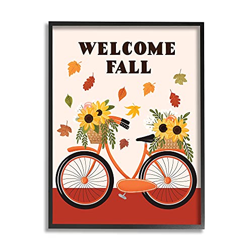 0196216191646 - STUPELL INDUSTRIES WELCOME FALL SAYING ORANGE HARVEST BICYCLE SUNFLOWER BASKET, DESIGNED BY JO TAYLOR BLACK FRAMED WALL ART, 16 X 20, RED