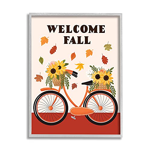 0196216191677 - STUPELL INDUSTRIES WELCOME FALL SAYING ORANGE HARVEST BICYCLE SUNFLOWER BASKET, DESIGNED BY JO TAYLOR GRAY FRAMED WALL ART, 16 X 20, RED