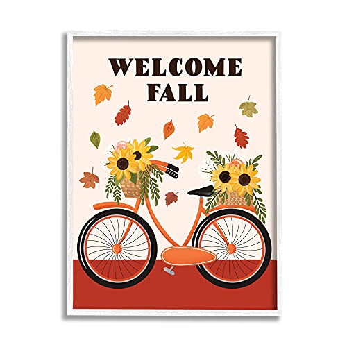 0196216191738 - STUPELL INDUSTRIES WELCOME FALL SAYING ORANGE HARVEST BICYCLE SUNFLOWER BASKET, DESIGNED BY JO TAYLOR WHITE FRAMED WALL ART, 24 X 30, RED