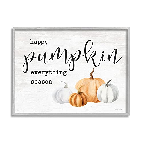 0196216310689 - STUPELL INDUSTRIES HAPPY PUMPKIN EVERYTHING SEASON PHRASE AUTUMN HARVEST GOURDS, DESIGNED BY LETTERED AND LINED GRAY FRAMED WALL ART, 20 X 16, ORANGE