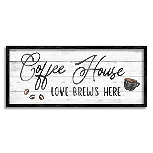 0196216333381 - STUPELL INDUSTRIES COFFEE HOUSE LOVE BREWS HERE KITCHEN CALLIGRAPHY TYPOGRAPHY, DESIGNED BY NATALIE CARPENTIERI BLACK FRAMED WALL ART, 30 X 13