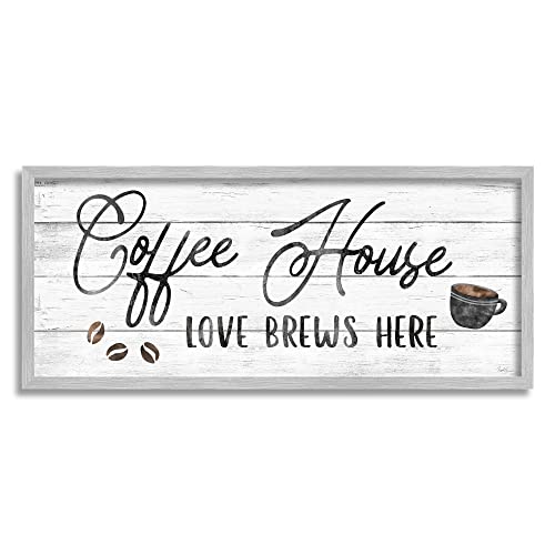 0196216333404 - STUPELL INDUSTRIES COFFEE HOUSE LOVE BREWS HERE KITCHEN CALLIGRAPHY TYPOGRAPHY, DESIGNED BY NATALIE CARPENTIERI GRAY FRAMED WALL ART, 30 X 13, BLACK