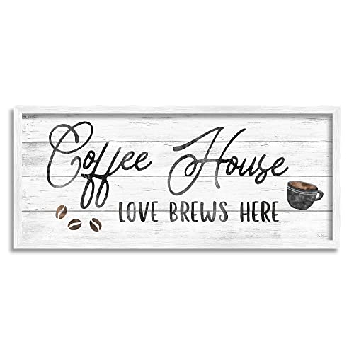 0196216333428 - STUPELL INDUSTRIES COFFEE HOUSE LOVE BREWS HERE KITCHEN CALLIGRAPHY TYPOGRAPHY, DESIGNED BY NATALIE CARPENTIERI WHITE FRAMED WALL ART, 24 X 10, BLACK