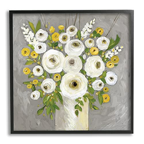 0196216341256 - STUPELL INDUSTRIES ABSTRACT RANUNCULUS FLORAL BOUQUET YELLOW WHITE COUNTRY FLOWERS, DESIGNED BY STEPHANIE WORKMAN MARROTT BLACK FRAMED WALL ART, 24 X 24