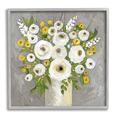 0196216341270 - STUPELL INDUSTRIES ABSTRACT RANUNCULUS FLORAL BOUQUET YELLOW WHITE COUNTRY FLOWERS, DESIGNED BY STEPHANIE WORKMAN MARROTT GRAY FRAMED WALL ART, 17 X 17
