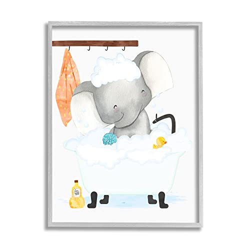 0196216365092 - STUPELL INDUSTRIES CHILDRENS BABY ELEPHANT BUBBLE BATH RUBBER DUCK BATHROOM GREY FRAMED WALL ART, WHITE