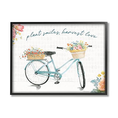 0196216403565 - STUPELL INDUSTRIES PLANT SMILES HARVEST LOVE PHRASE FLORAL BASKET BICYCLE BLACK FRAMED WALL ART, 14 X 11, OFF- WHITE