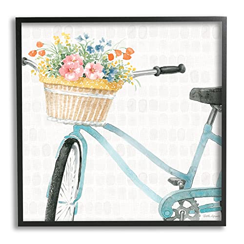 0196216403732 - STUPELL INDUSTRIES COUNTRY BICYCLE BASKET FLORAL ARRANGEMENT BLOCK PATTERN BLACK FRAMED WALL ART, 24 X 24, OFF- WHITE