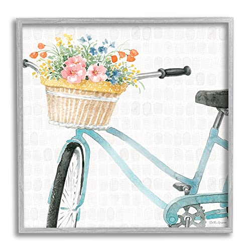 0196216403749 - STUPELL INDUSTRIES COUNTRY BICYCLE BASKET FLORAL ARRANGEMENT BLOCK PATTERN GREY FRAMED WALL ART, 12 X 12, OFF- WHITE