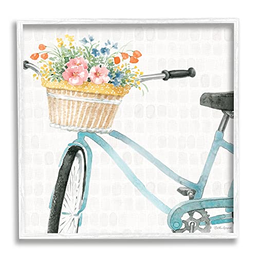 0196216403800 - STUPELL INDUSTRIES COUNTRY BICYCLE BASKET FLORAL ARRANGEMENT BLOCK PATTERN WHITE FRAMED WALL ART, 24 X 24